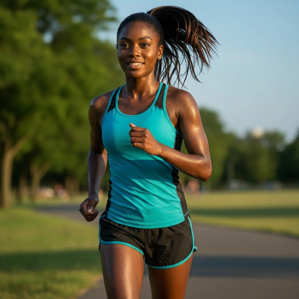 Woman running in park wearing teal tank top and black shorts
